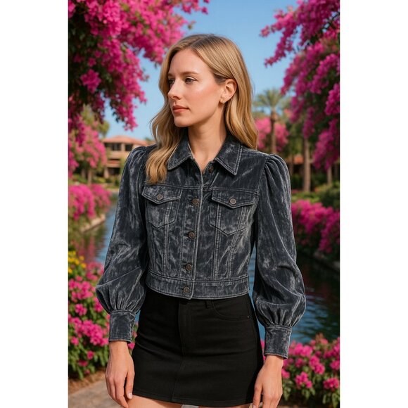 Cinq à Sept Dillon Cropped Crushed Velvet Jacket – Slate Gray Blue XS NEW - Picture 10 of 16